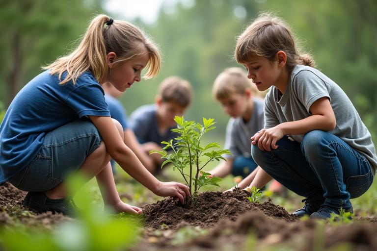 Voluntarios plantando árboles como parte de un proyecto de turismo solidario.